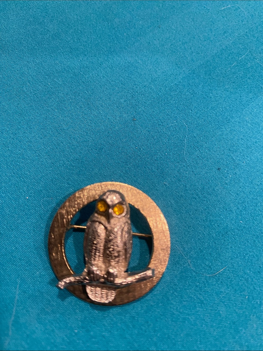 Silver Owl Bird Brooch Pin - Silver with Yellow Eyes